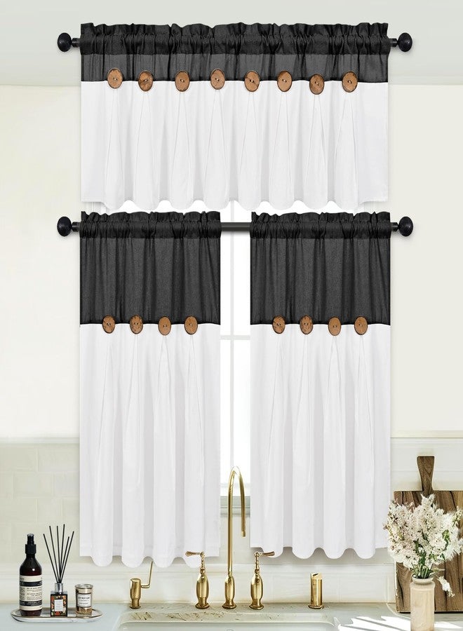 FRAMICS Boho Kitchen Curtains 36 Inch Length, Farmhouse Cotton Linen Tier Curtains, Rustic Button Short Curtains for Windows, Black Country Cafe Curtains, Rod Pocket Small Window Curtains for Kitchen, 26x36 - Image 3